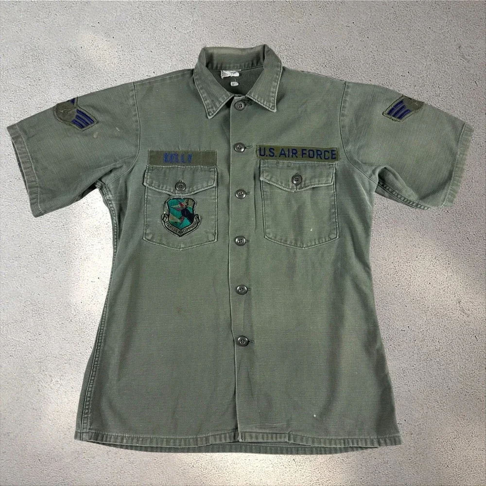 Vintage 70s USAF OG 107 Utility‎ Shirt Fits Adult Large Patched Named Vietnam